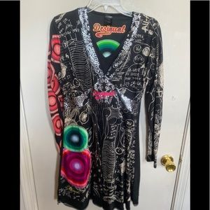 EUC Desigual black low v neck dress graphics